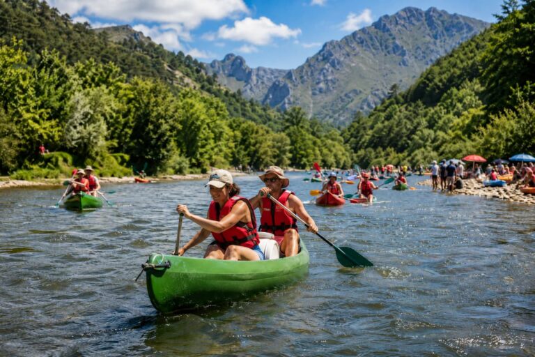 Dos personas con chalecos rojos remando en una canoa verde durante el Descenso del Sella, con más participantes y montañas al fondo.