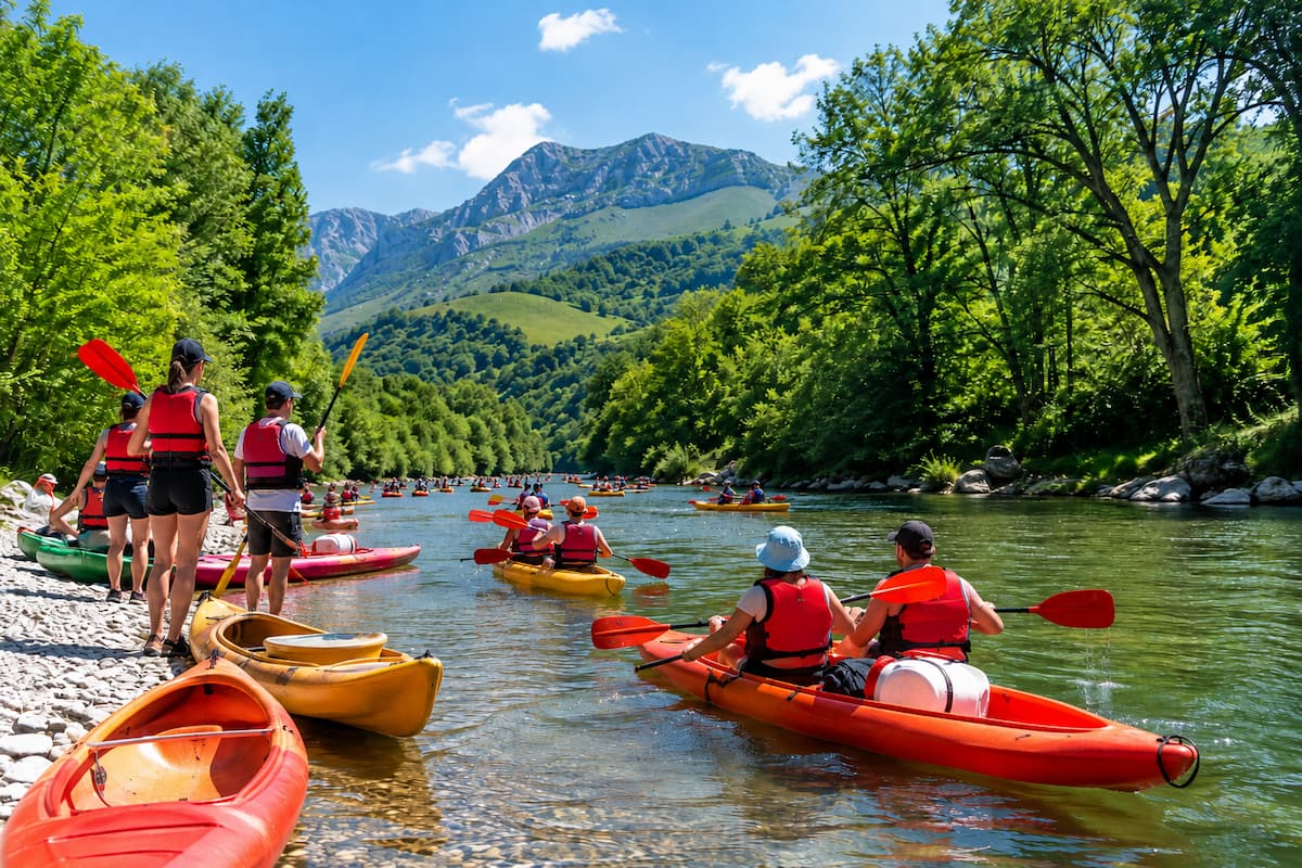 Grupo de piragüistas con chalecos rojos iniciando el descenso por el río Sella, rodeados de bosque y paisaje de montaña.