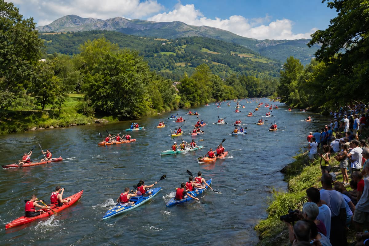 Vista amplia del Descenso del Sella con numerosas piraguas en el río, participantes con chalecos rojos y público observando desde la orilla.