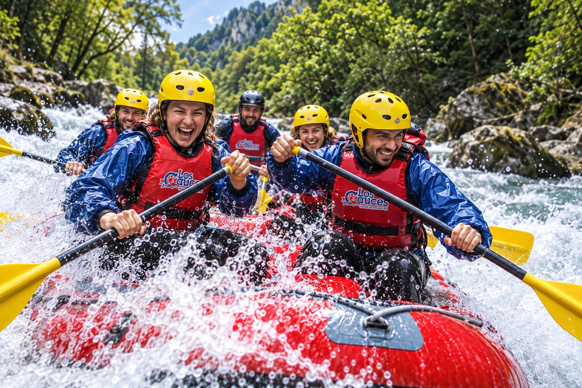 Descenso de rafting en Asturias con rápidos, salpicaduras y participantes con chalecos de Los Cauces.