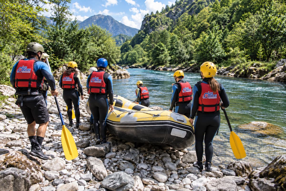Grupo de rafting preparando la embarcación junto al río en Asturias con chalecos rojos de Los Cauces.