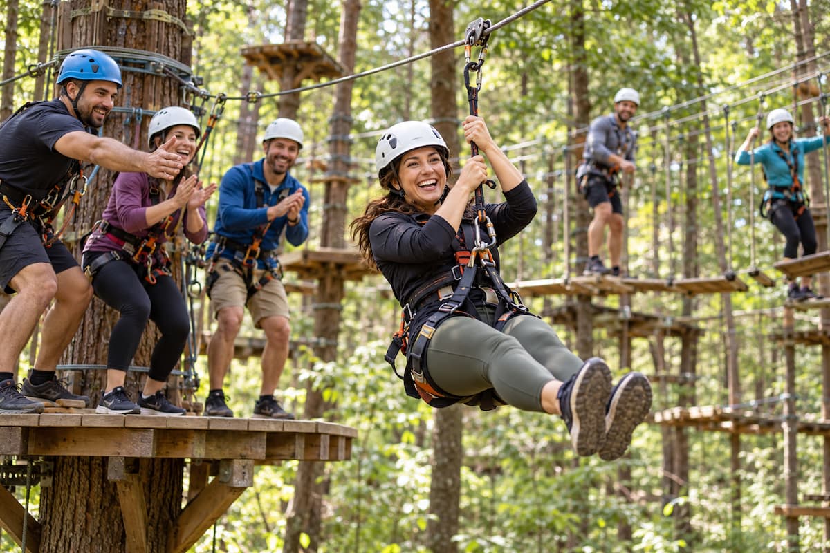 Mujer deslizándose por una tirolina mientras sus compañeros la animan durante una jornada de team building en un parque multiaventura.