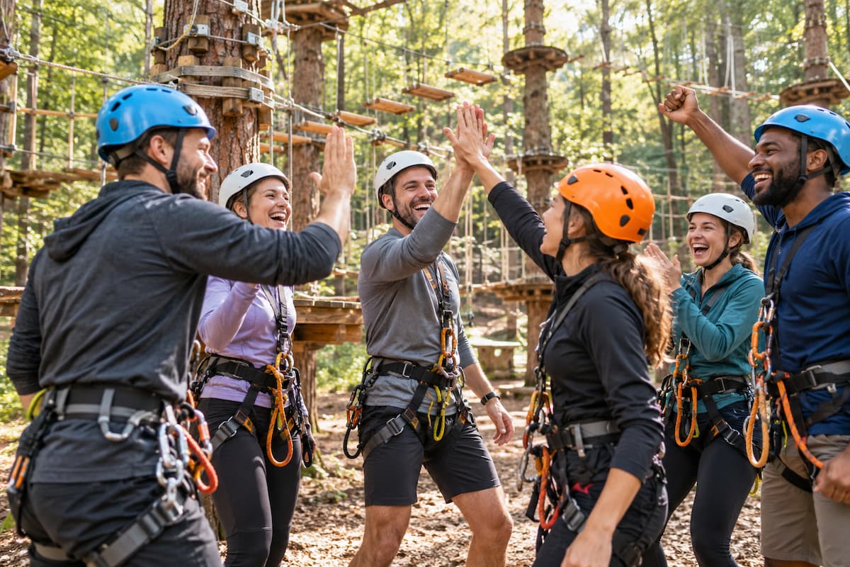 Grupo de compañeros celebrando una actividad de team building con cascos y arneses en un parque multiaventura para empresas.
